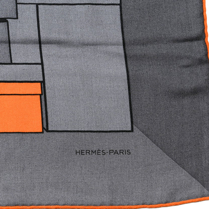 Hermes Cashmere Silk Lettres en Boite Scarf 140 Anthracite Orange Gris 2 of 4