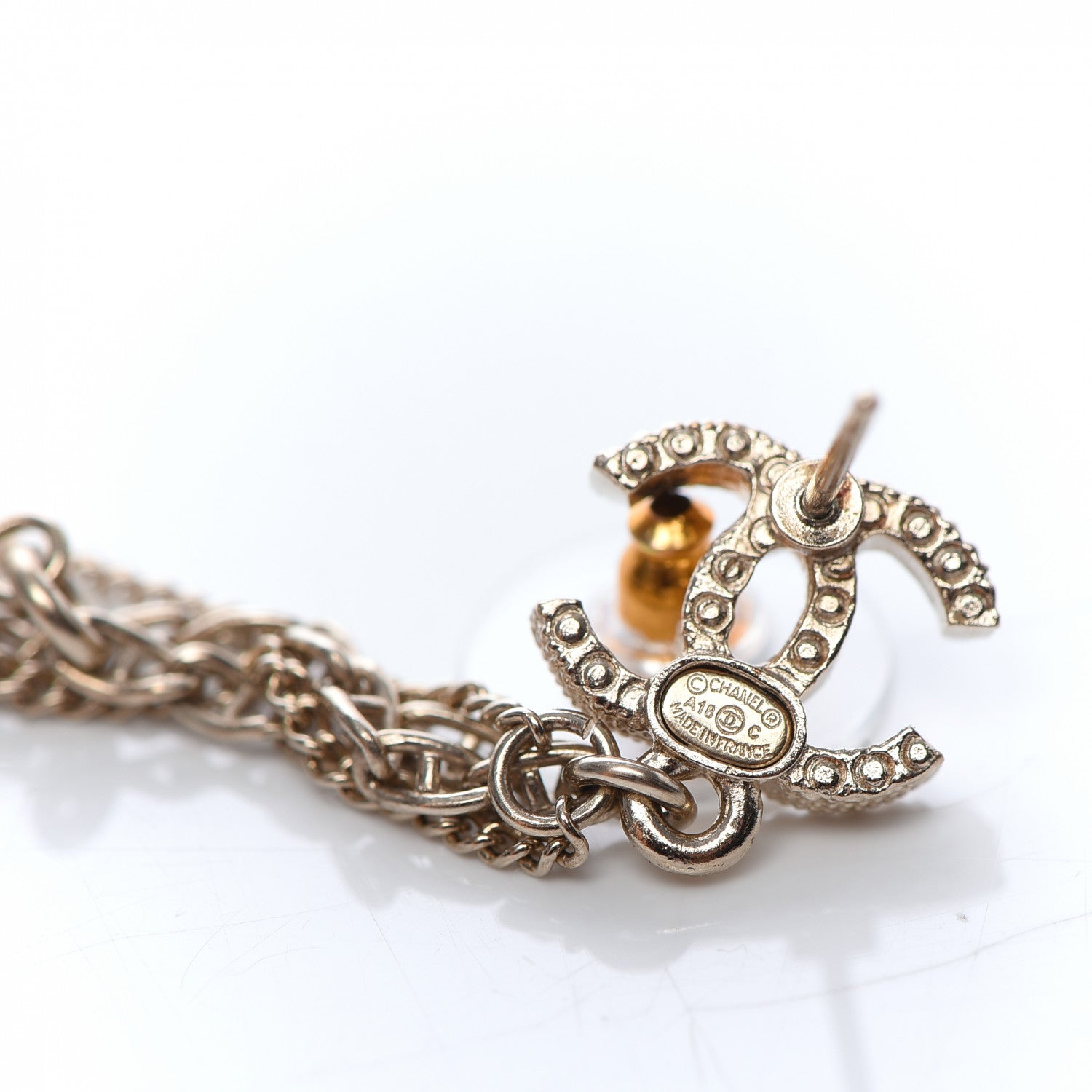 Chanel Chain Pearl CC Drop Earrings Light Gold 4 of 5