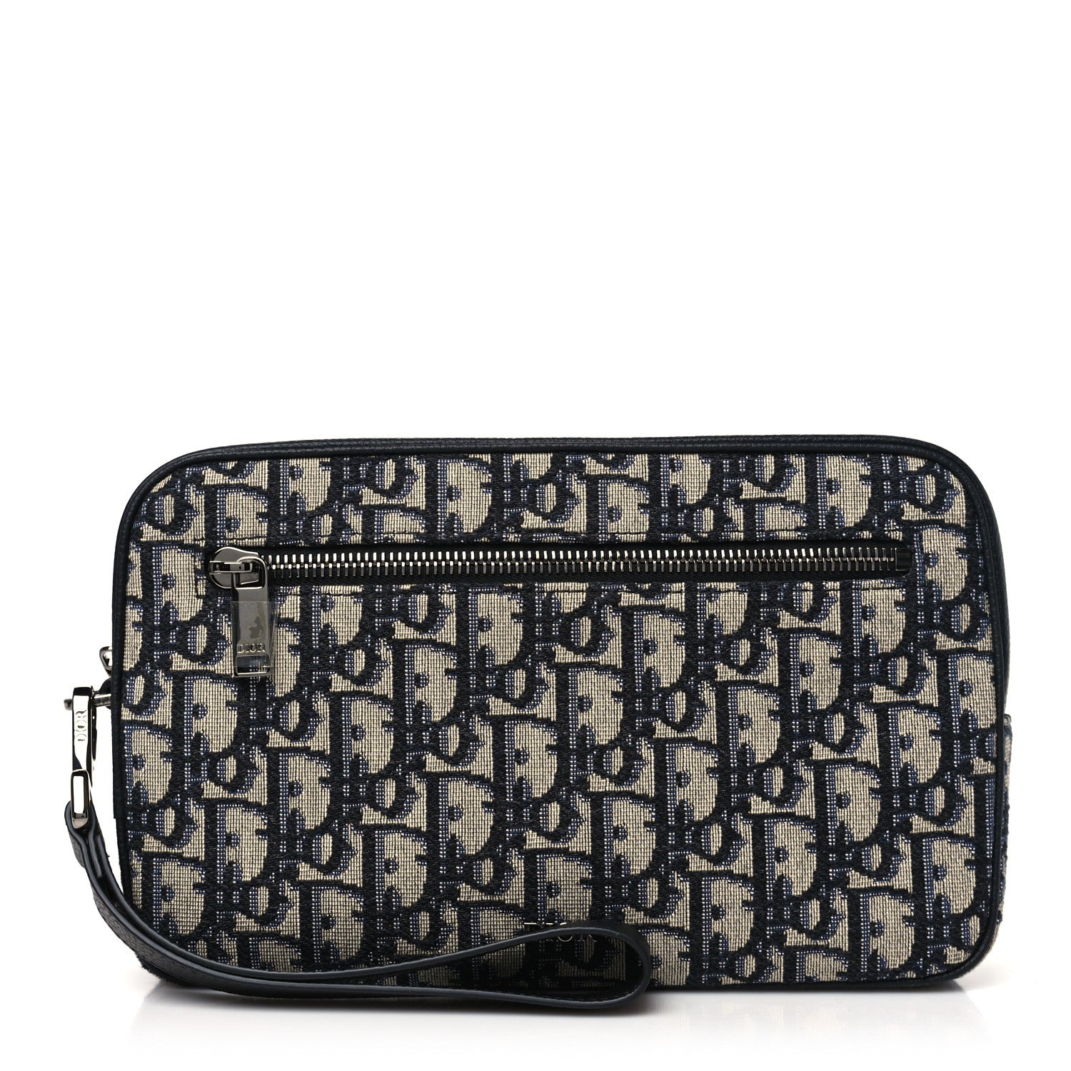 Christian Dior Oblique Jacquard Grained Calfskin Toiletry Pouch Blue Black 1 of 8