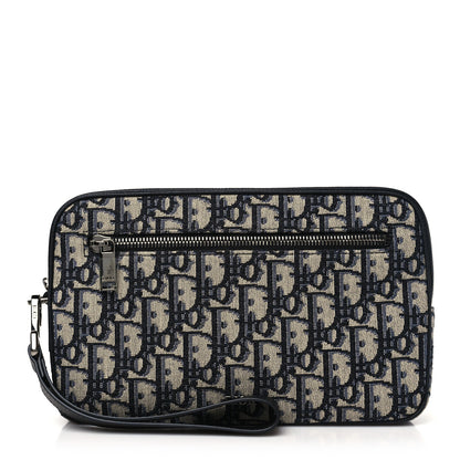 Christian Dior Oblique Jacquard Grained Calfskin Toiletry Pouch Blue Black 1 of 8