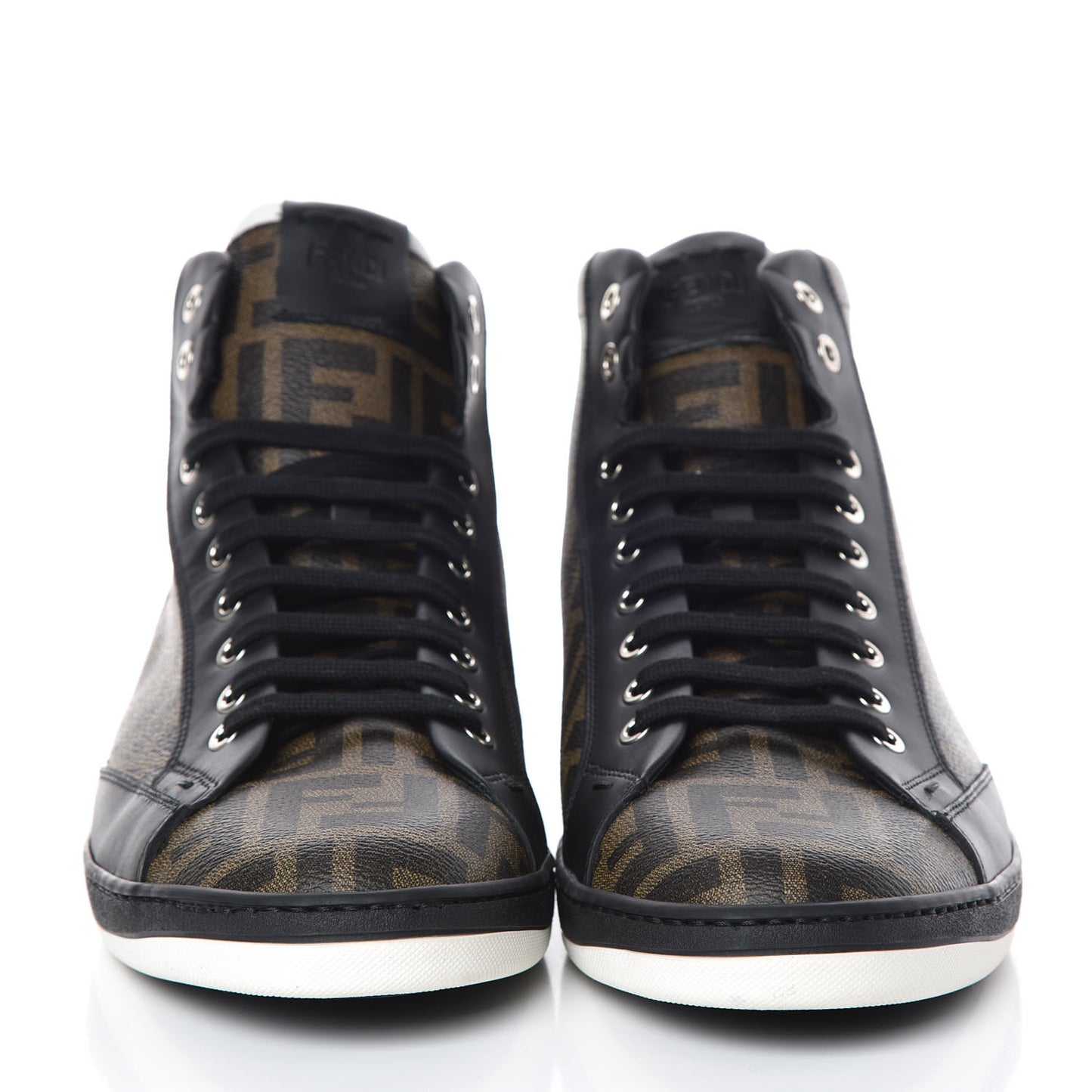 Glazed Fabric Calfskin FF Mens Wimbledon High-Top Sneakers 12 Tobacco Black White