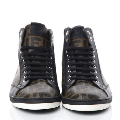 Fendi Glazed Fabric Calfskin FF Mens Wimbledon High-Top Sneakers 12 Tobacco Black White 2 of 11