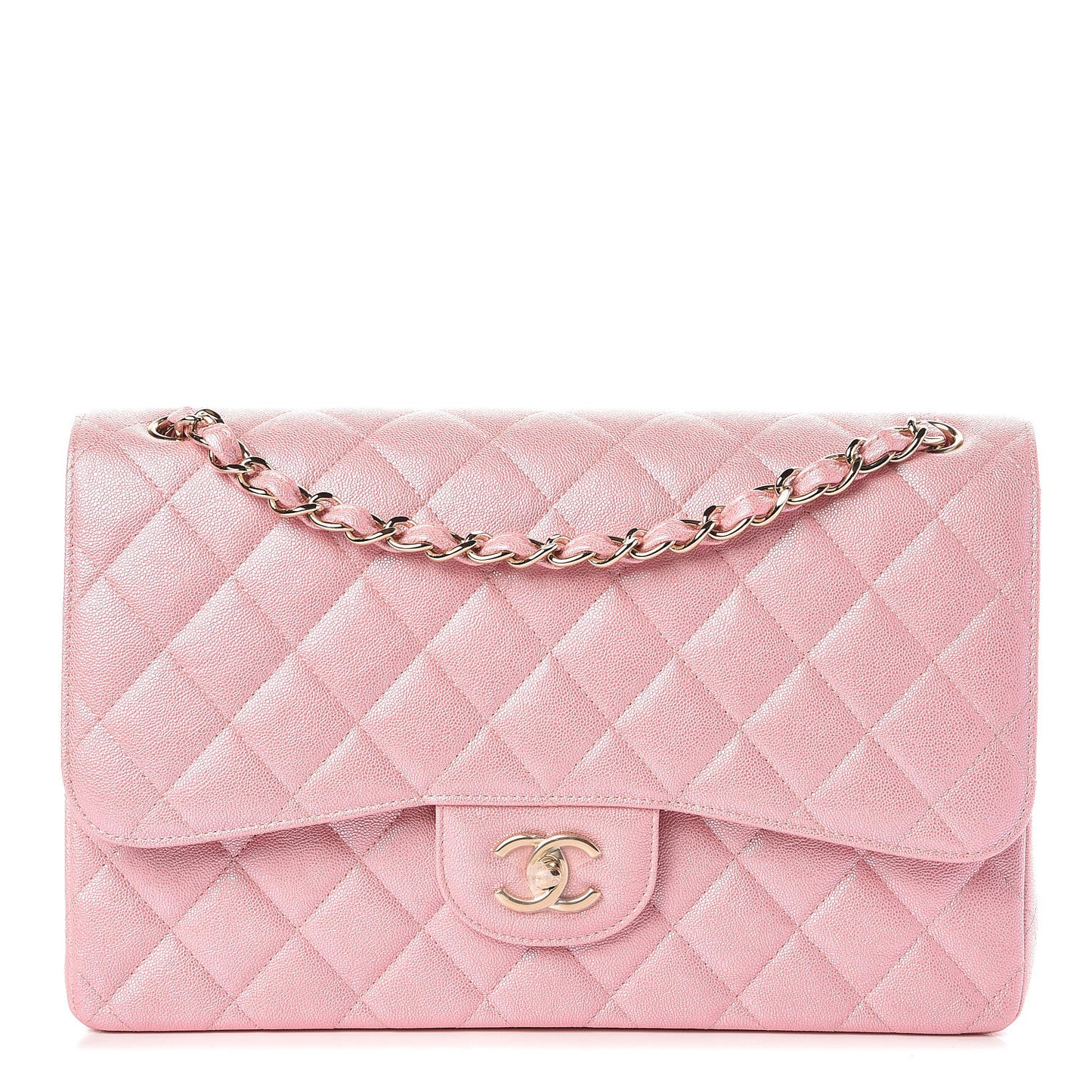 Iridescent Caviar Quilted Jumbo Double Flap Rose Pink