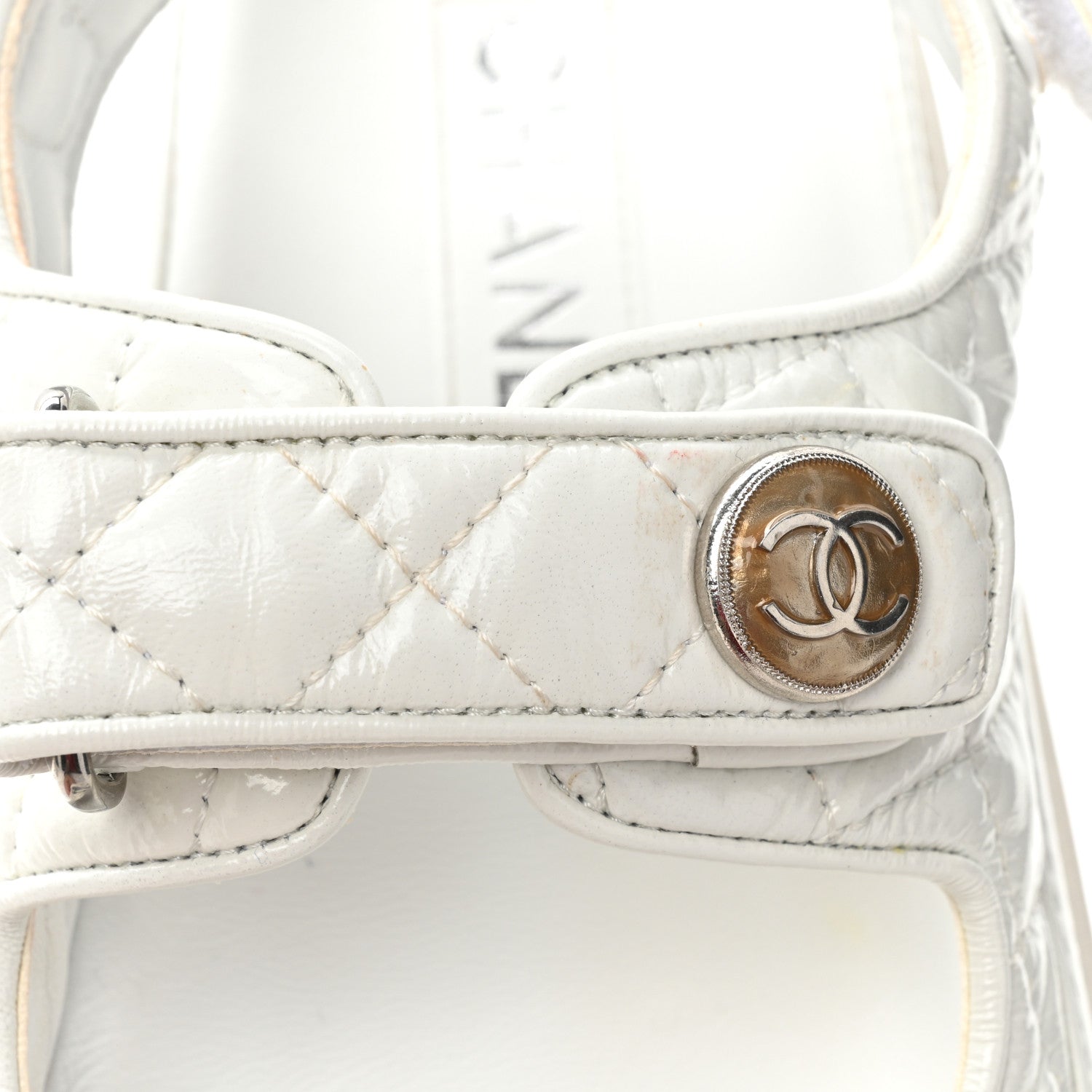 Chanel Laminated Lambskin Quilted Velcro Dad Sandals 37.5 White 13 of 15