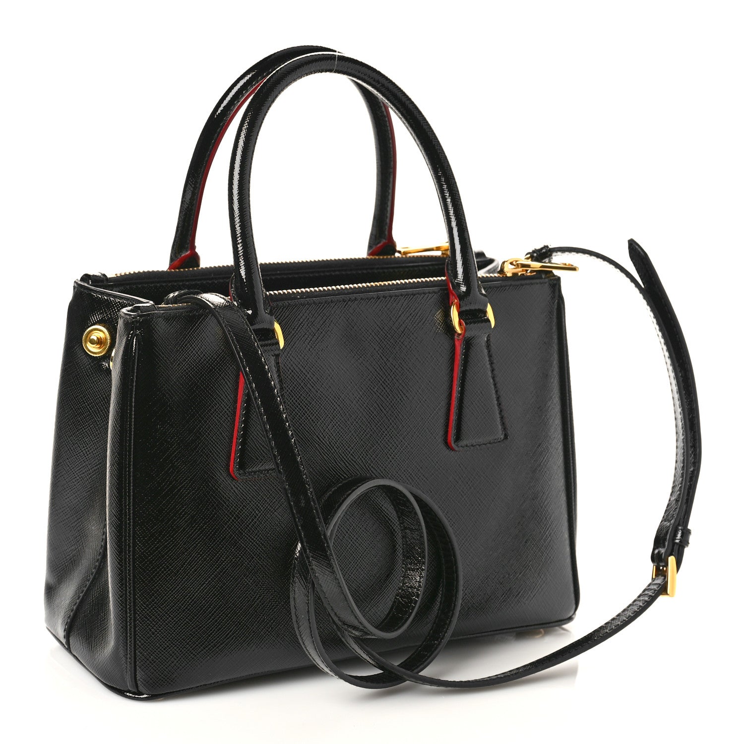 Prada Saffiano Vernice Small Galleria Double Zip Tote Black Rosso 3 of 9
