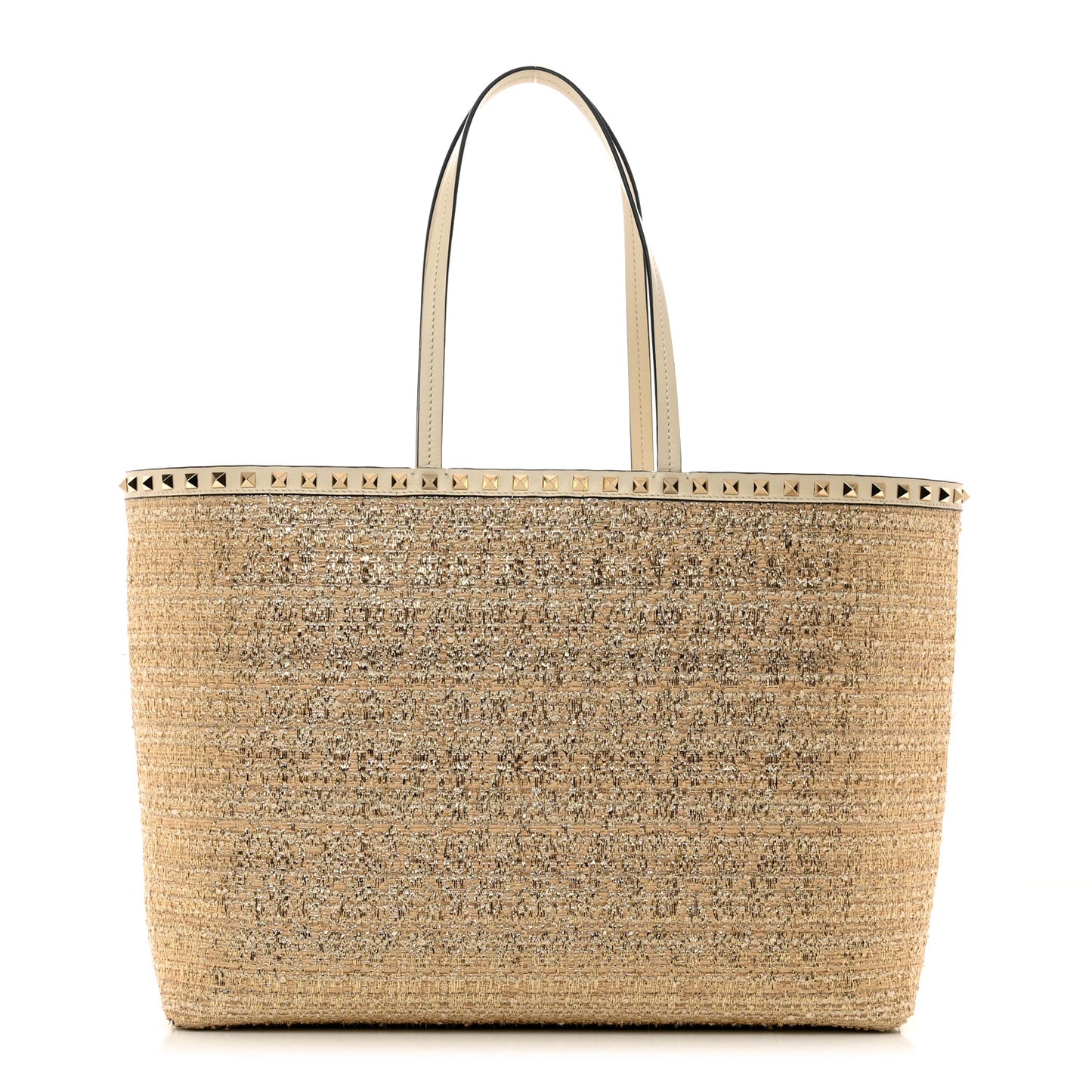 Metallic Boucle Raffia Calfskin Rockstud Shoulder Tote White Gold Ivory