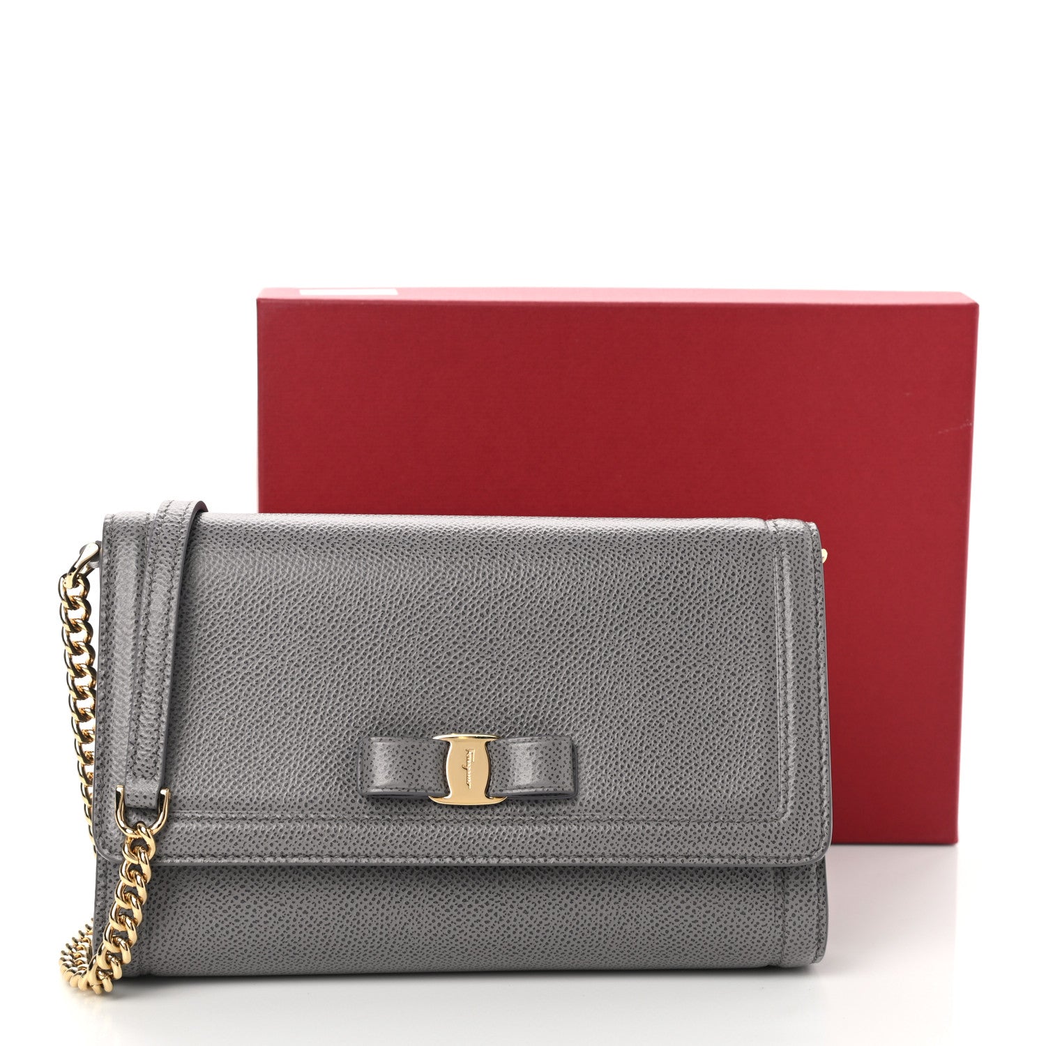 Salvatore Ferragamo Pebbled Calfskin Vara Chain Bag Urban Grey 8 of 8