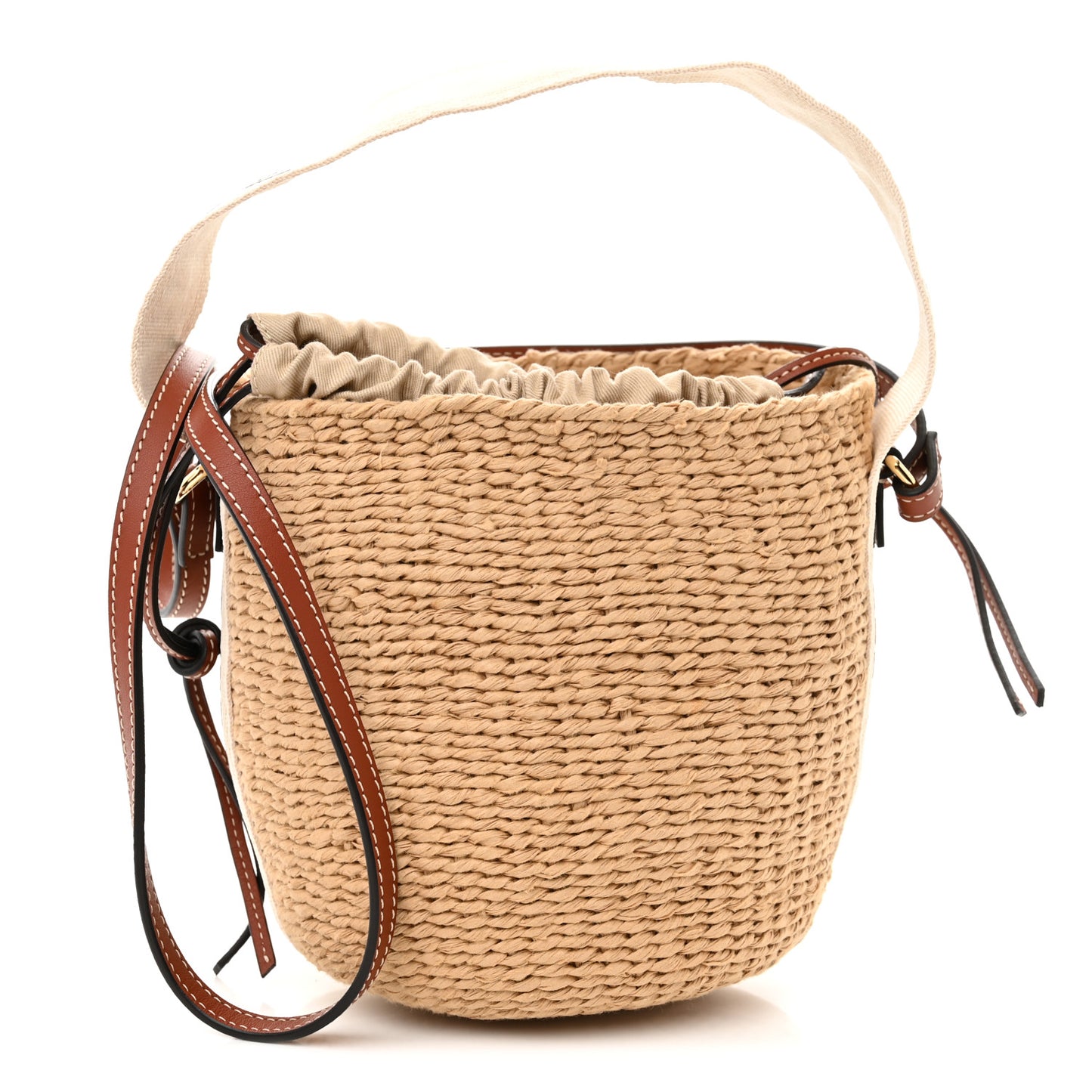 Raffia Calfskin Small Woody Basket Bag Brown