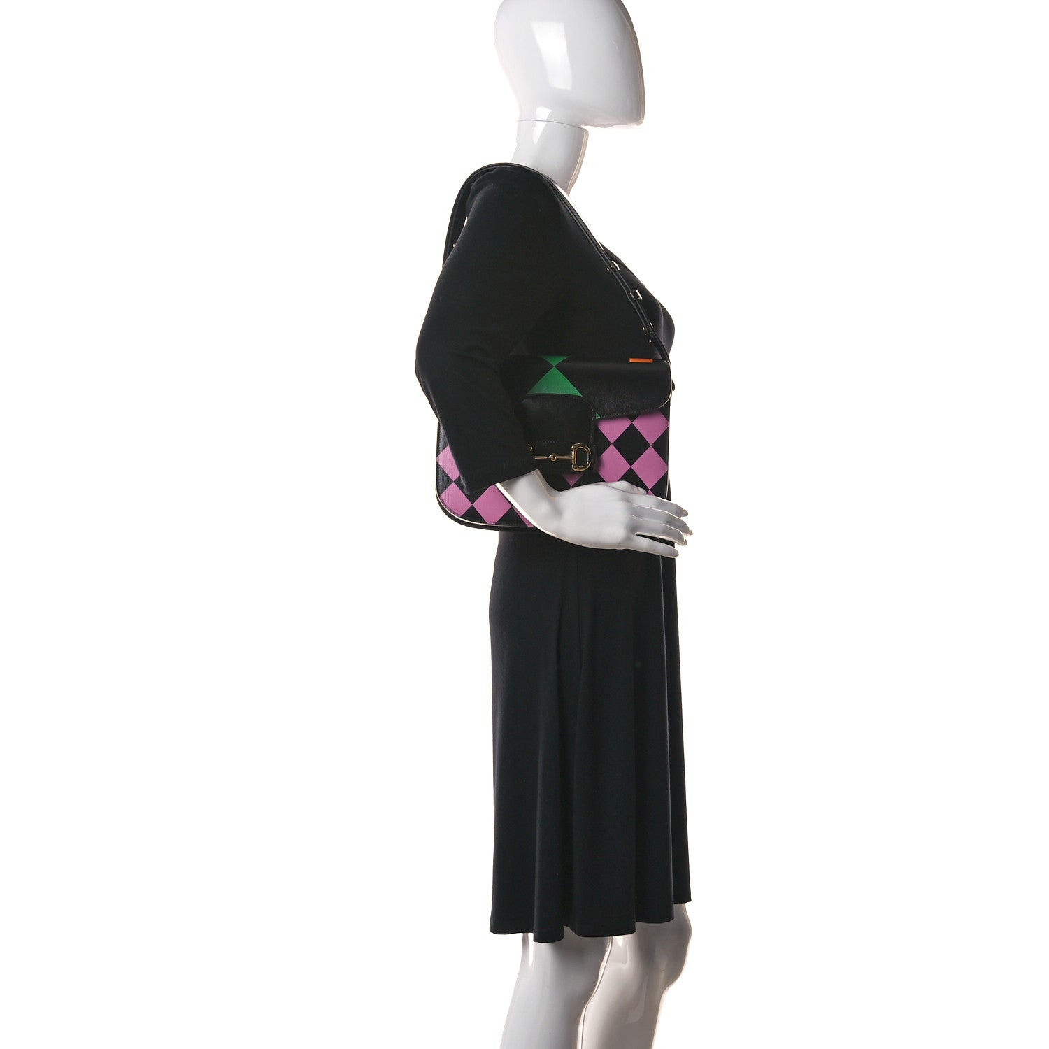 Gucci Textured Calfskin Geometric Print Horsebit 1955 Shoulder Bag Black Multicolor 2 of 11