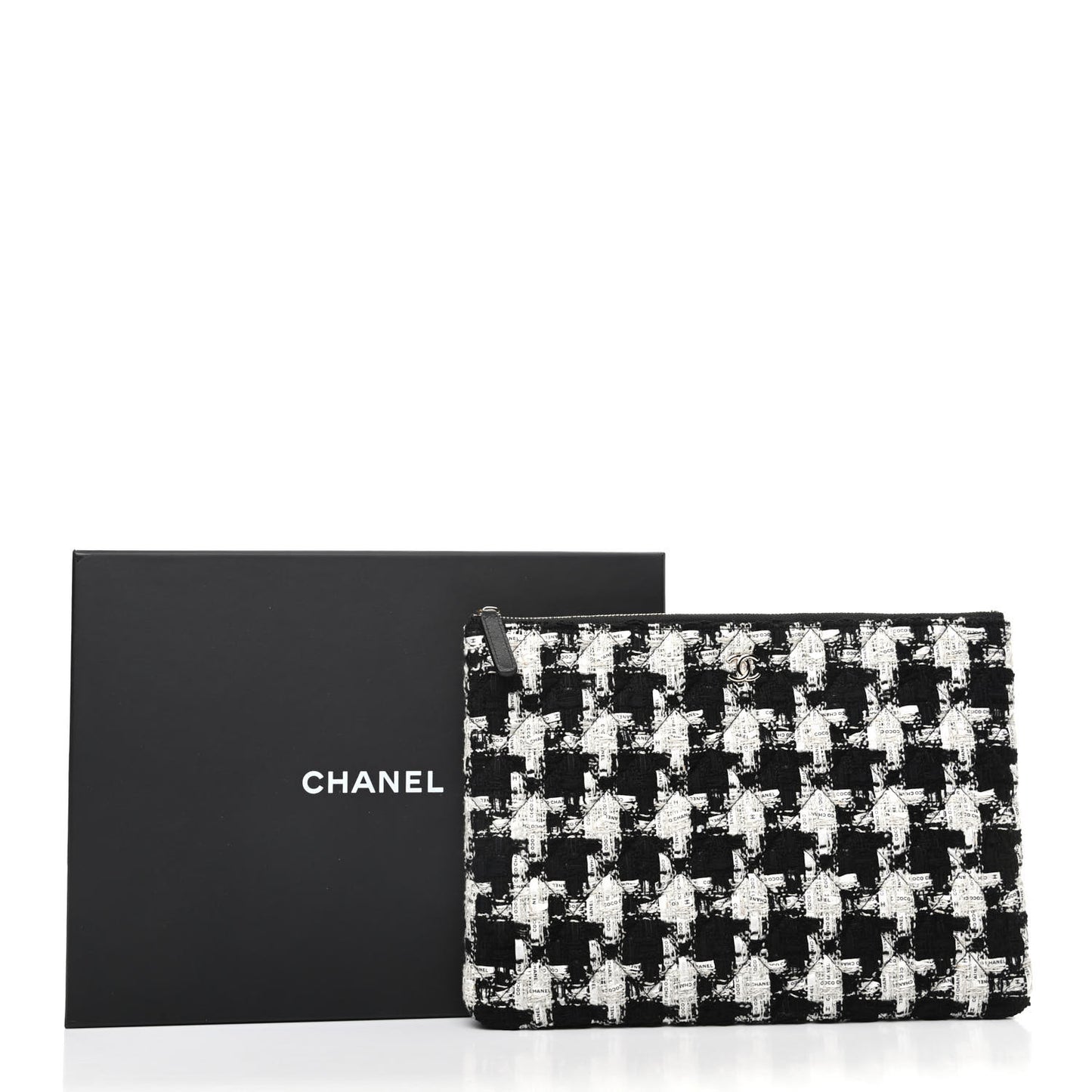 Tweed Quilted Medium Cosmetic Pouch Black Ecru White