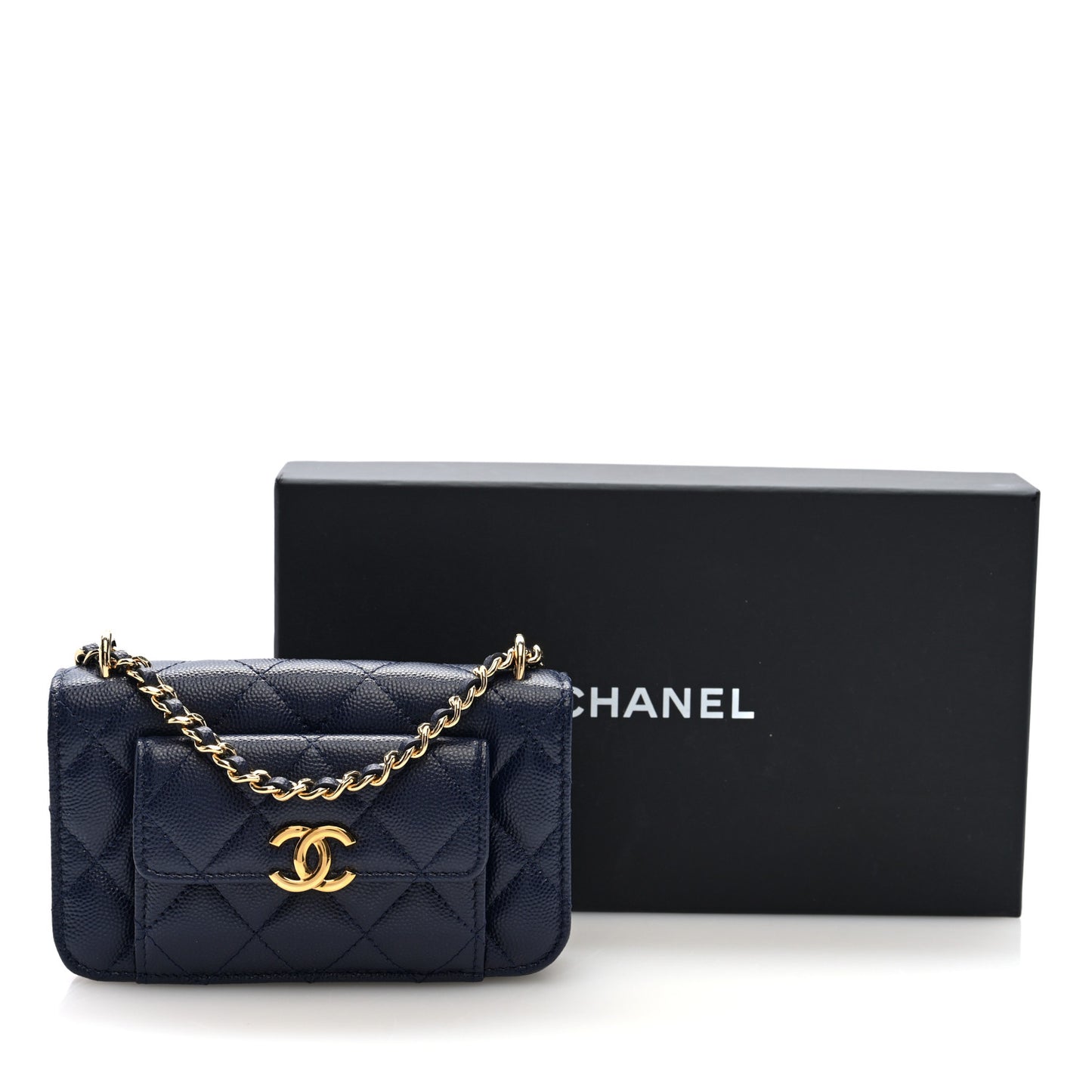 Caviar Quilted Pocket Twins Clutch With Chain Navy Blue