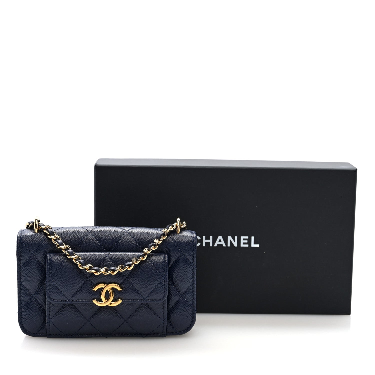 Chanel Caviar Quilted Pocket Twins Clutch With Chain Navy Blue 11 of 11