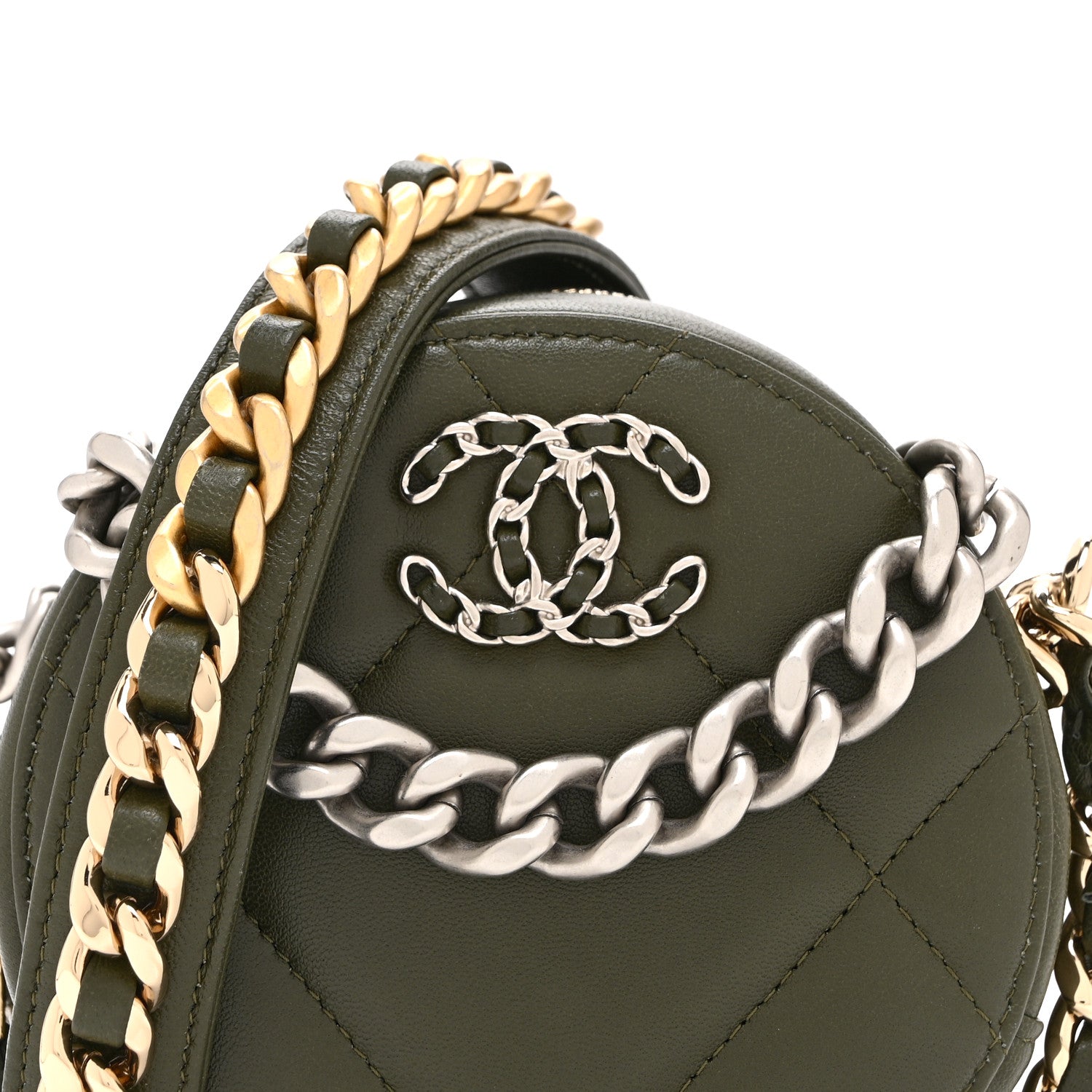 Chanel Lambskin Quilted Chanel 19 Round Clutch With Chain Khaki 8 of 10