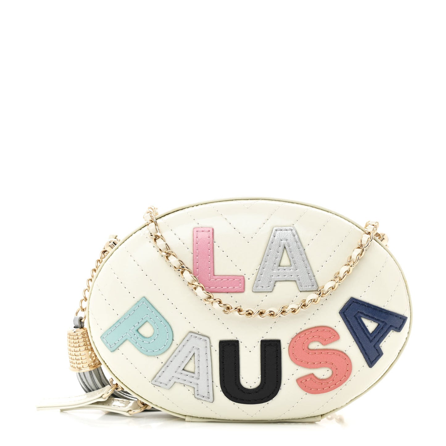 Embroidered Lambskin Chevron Quilted La Pausa Evening Bag White