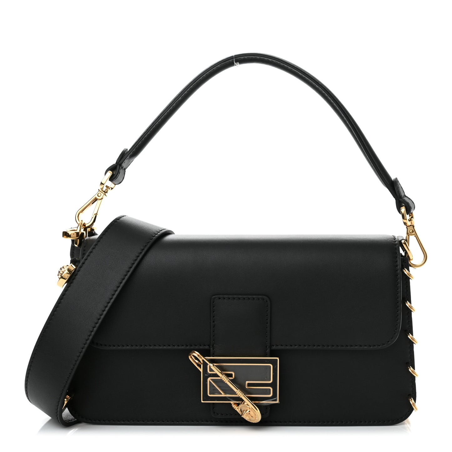 X VERSACE Vitello Seta Fendace Brooch Baguette Black