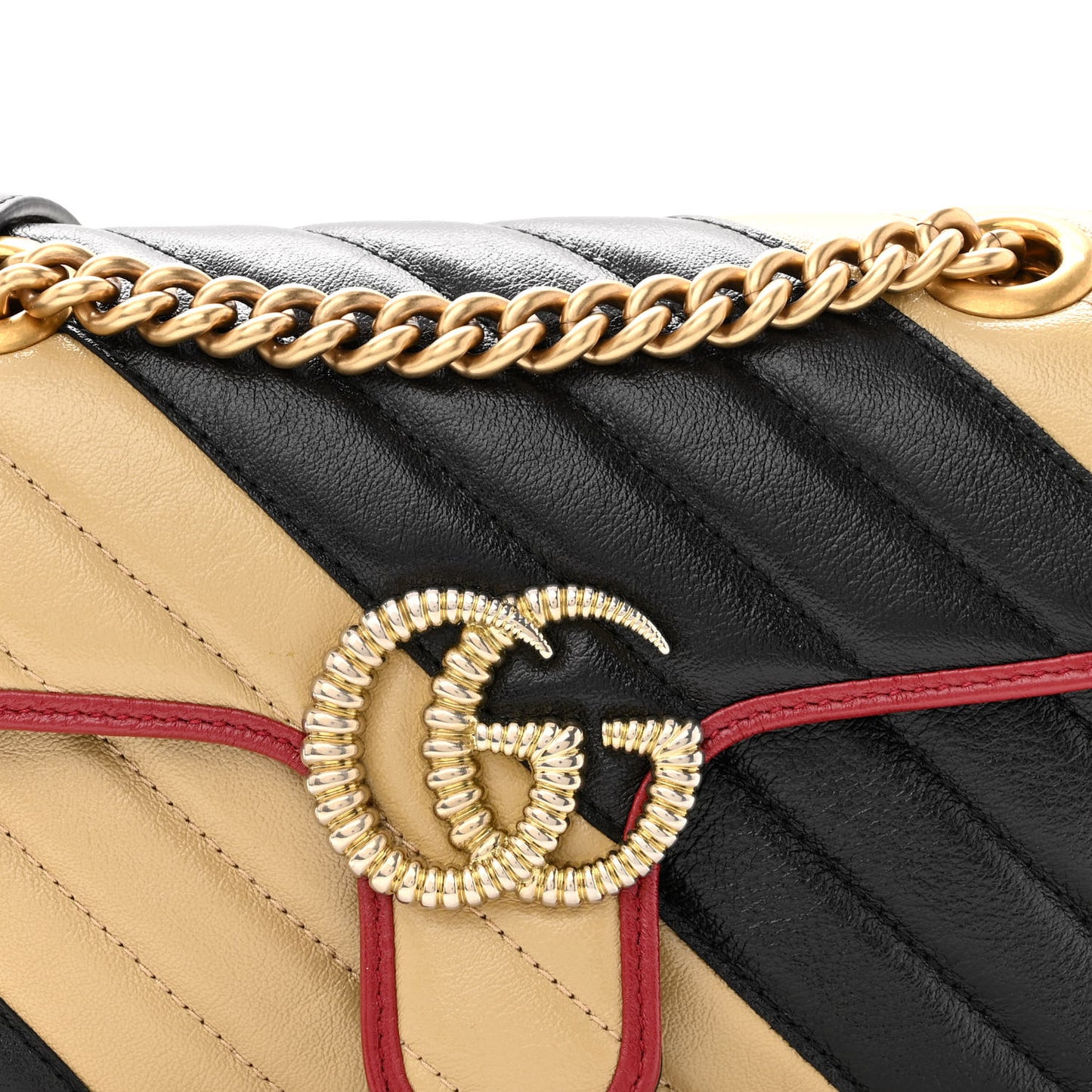 Vintage Effect Calfskin Matelasse Diagonal Striped Super Mini Torchon GG Marmont Shoulder Bag Black Beige