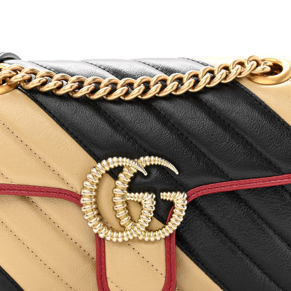 Gucci Vintage Effect Calfskin Matelasse Diagonal Striped Super Mini Torchon GG Marmont Shoulder Bag Black Beige 8 of 10