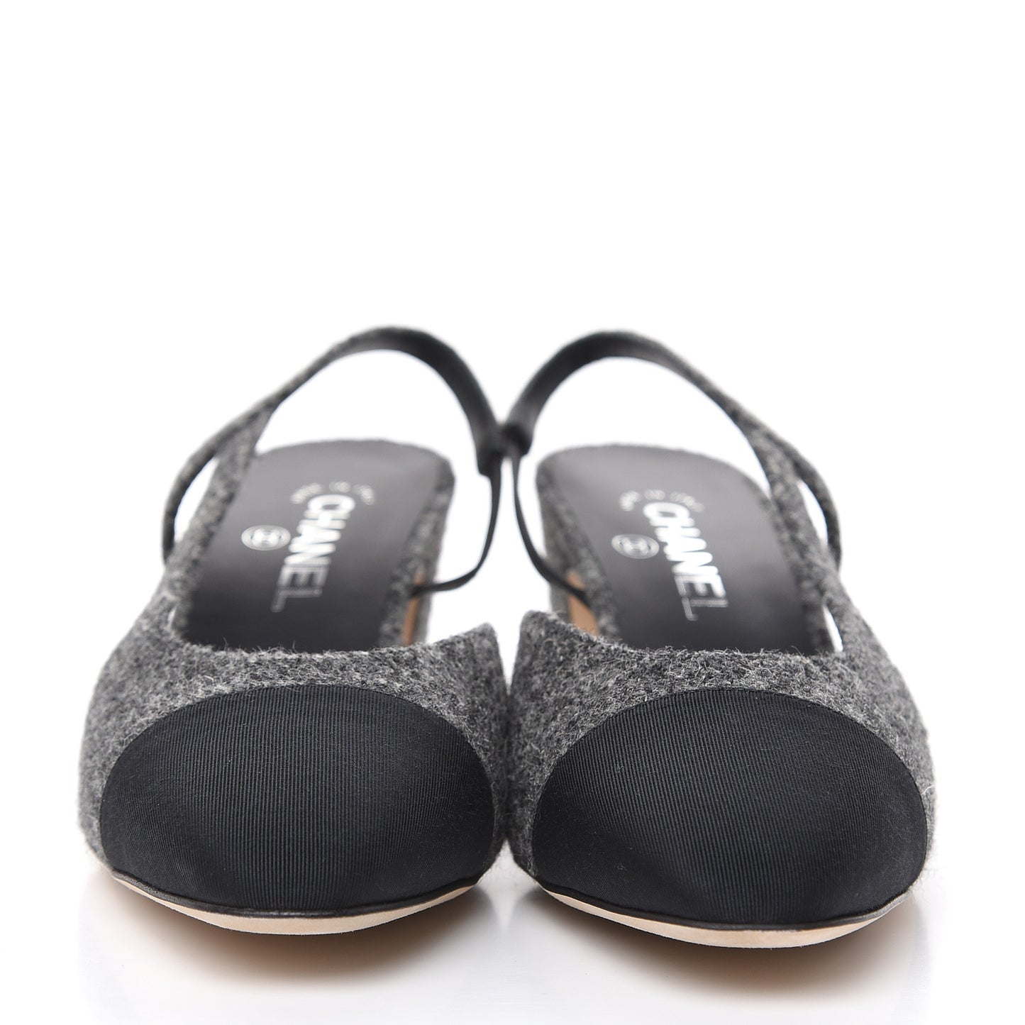 Tweed Grosgrain Cap Toe CC Slingback Pumps 40.5 Black Dark Grey