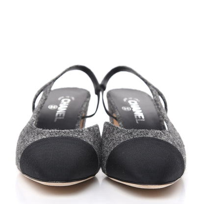 Chanel Tweed Grosgrain Cap Toe CC Slingback Pumps 40.5 Black Dark Grey 2 of 9
