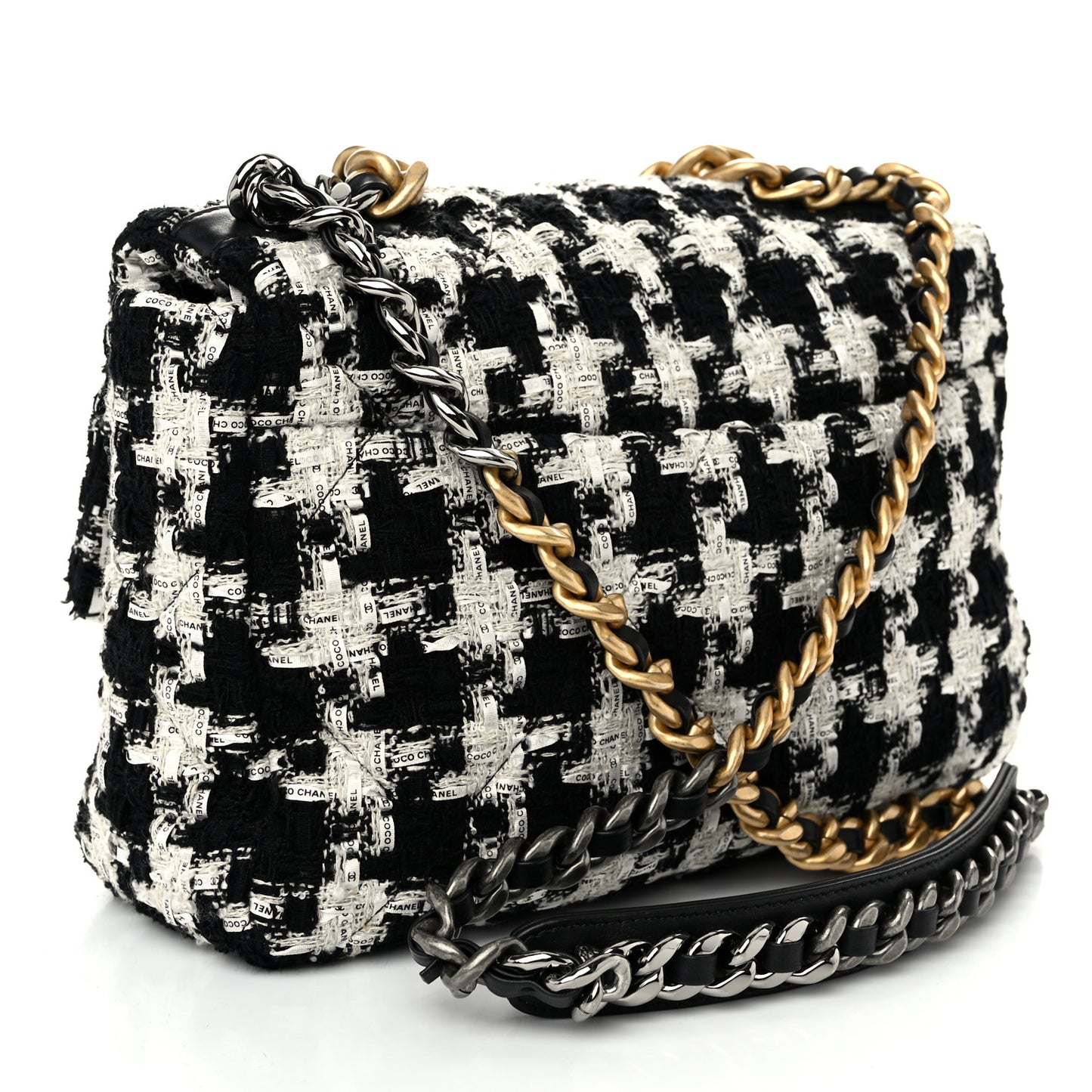 Tweed Quilted Large Chanel 19 Flap Black Ecru White