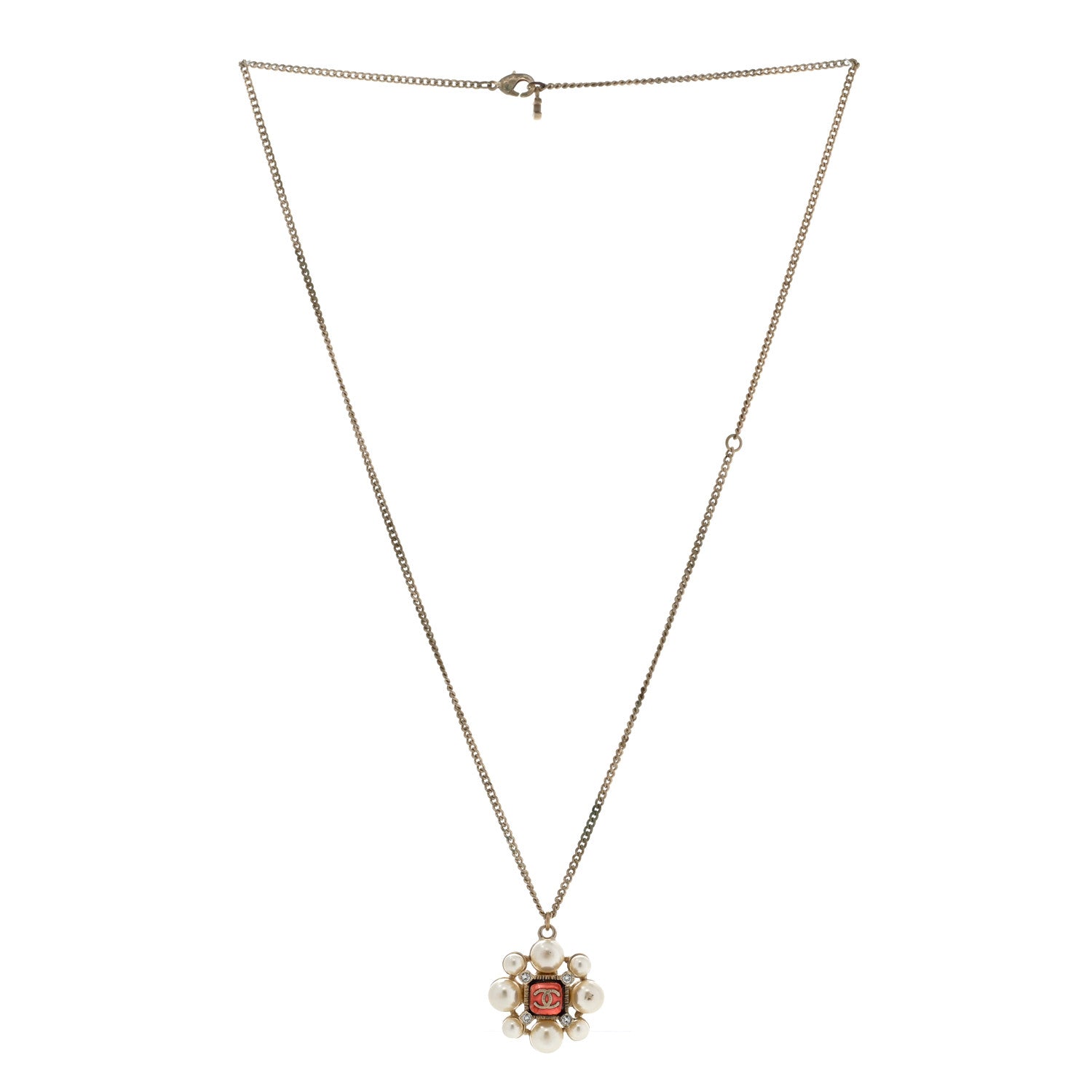 Chanel Gripoix Pearl Crystal CC Pendant Necklace Red Gold 3 of 10