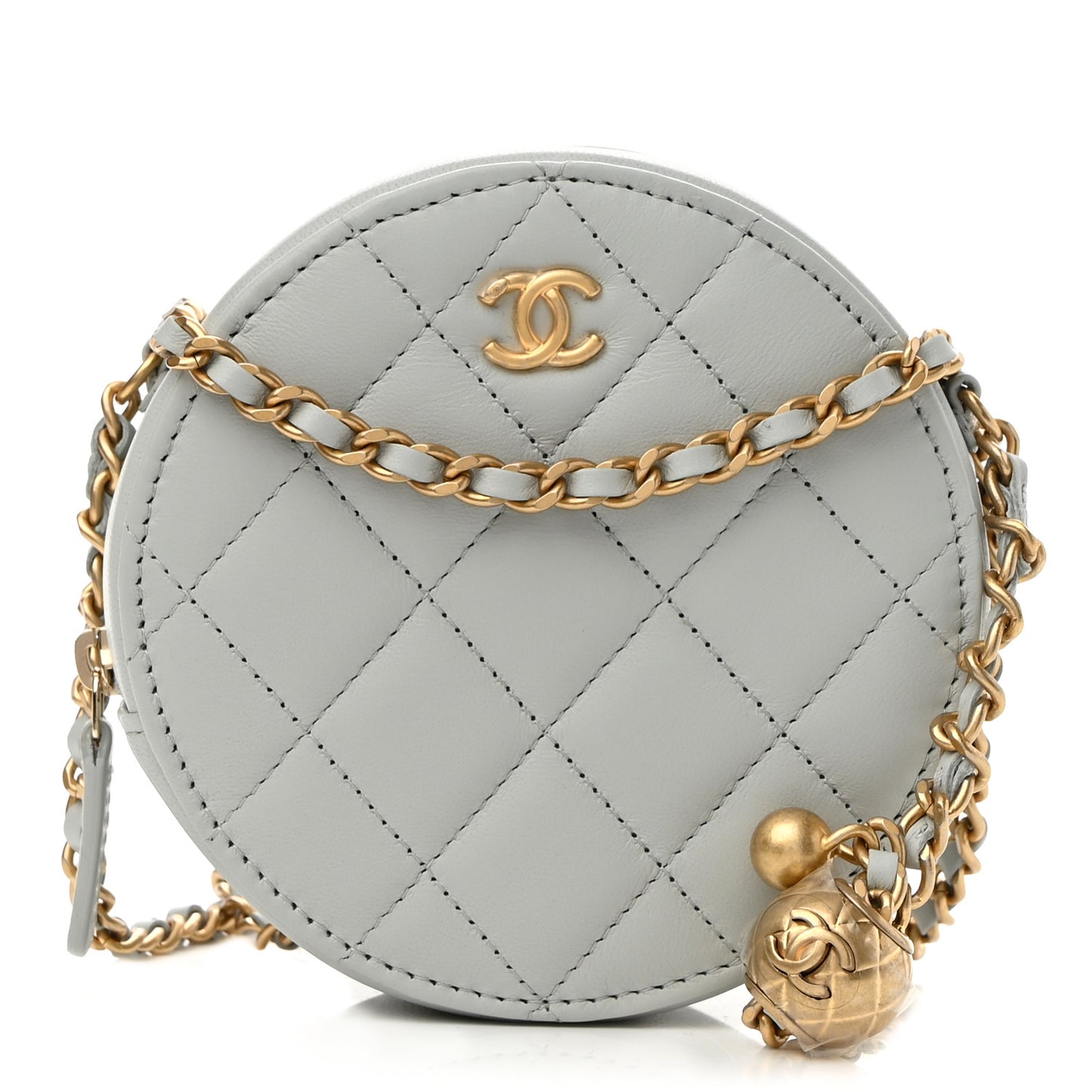 Lambskin Quilted Round Pearl Crush Clutch With Chain Grey