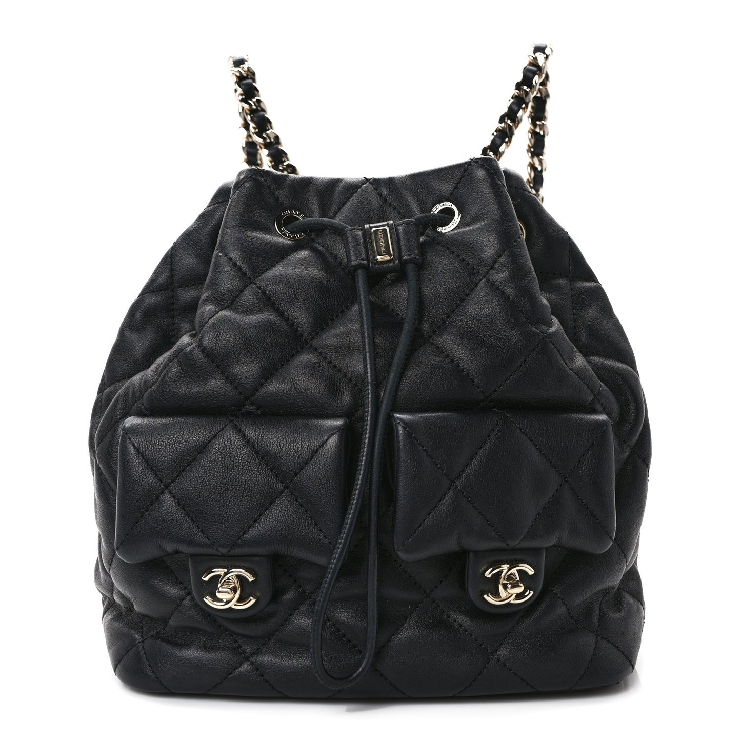 Lambskin Quilted Double Pocket Drawstring Backpack Black