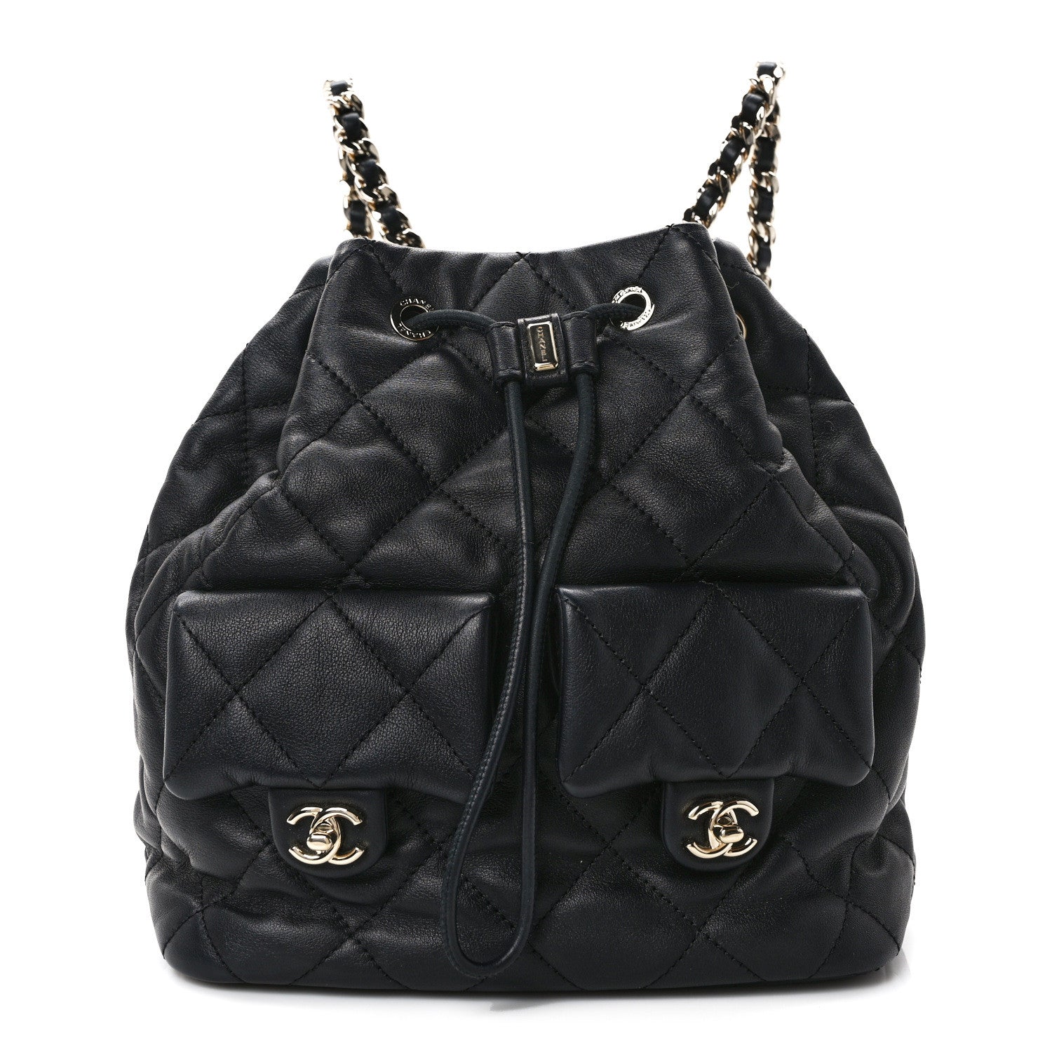Chanel Lambskin Quilted Double Pocket Drawstring Backpack Black 1 of 11