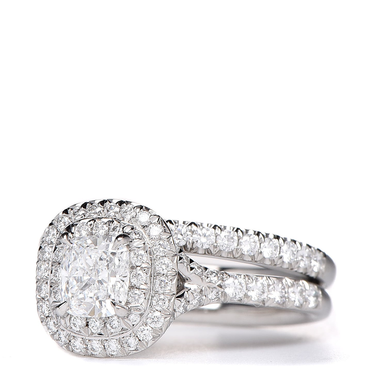 Platinum Diamond .58ct Soleste Cushion Cut Double Halo Engagement Ring Set 48 4.5