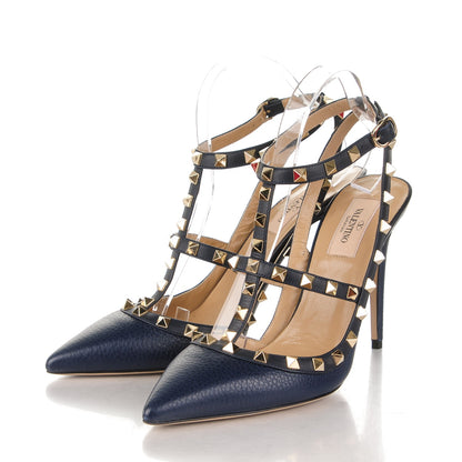 Valentino Garavani Pebbled Calfskin Rockstud Ankle Strap 100mm Pumps 40 Marine 3 of 6