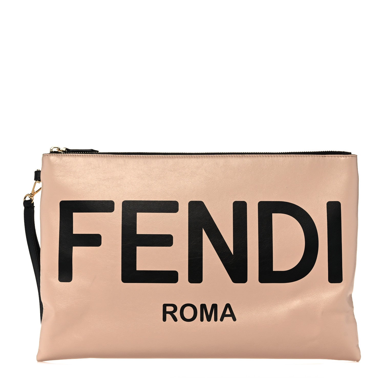 Fendi Vitello Fluffy Grace Logo Embossed Large Flat Pouch Rosa Quarzo Black 1 of 11