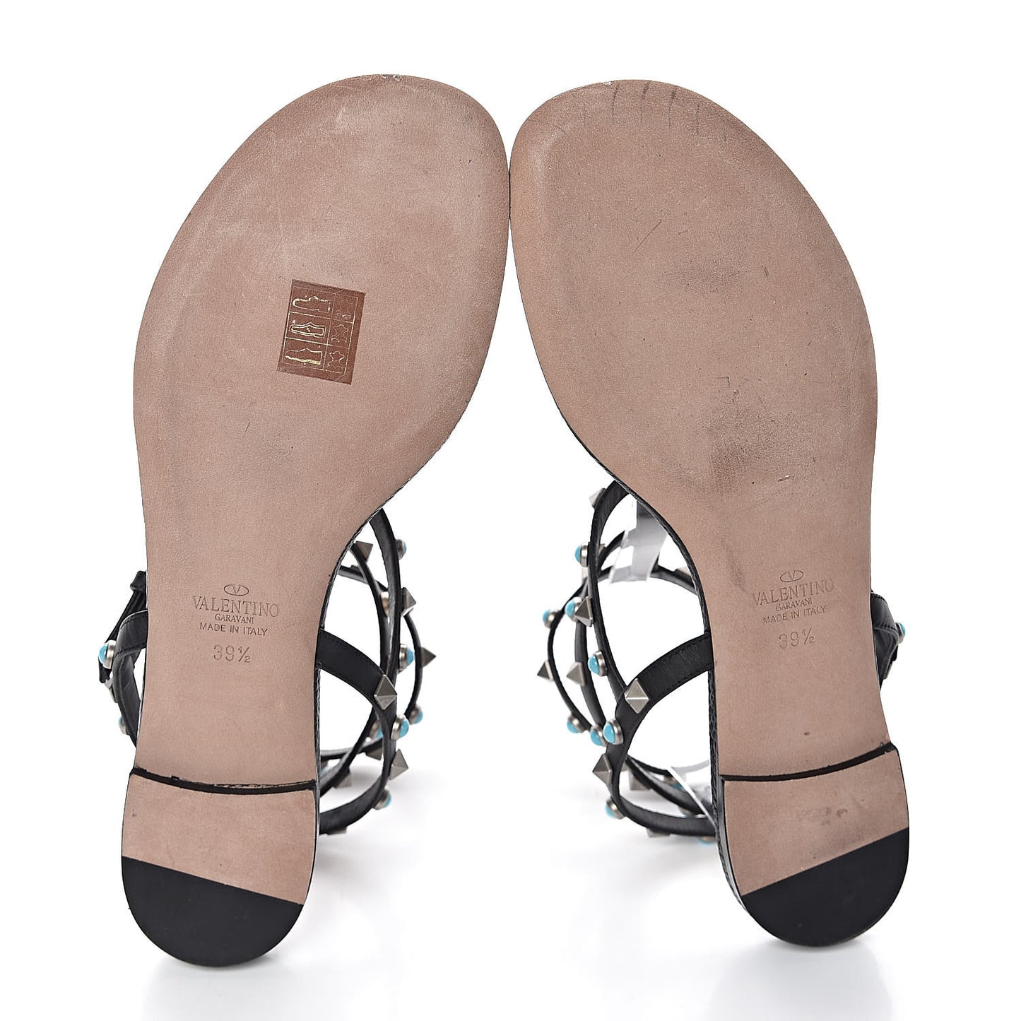 Pebbled Calfskin Rockstud Rolling Ankle Wrap Flat Thong Sandals 39.5 Black
