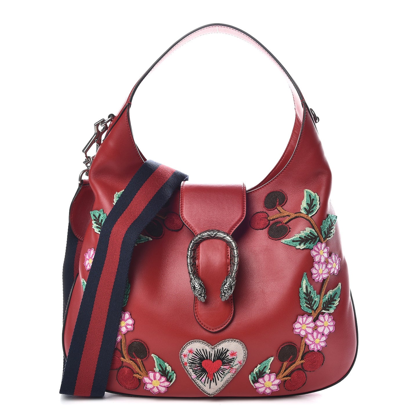 Calfskin Web Embroidered Medium Dionysus Hobo Hibiscus Red