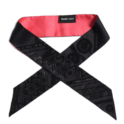 Hermes Silk Beaded Precieux Art Deco Ribbon Twilly Black 1 of 5