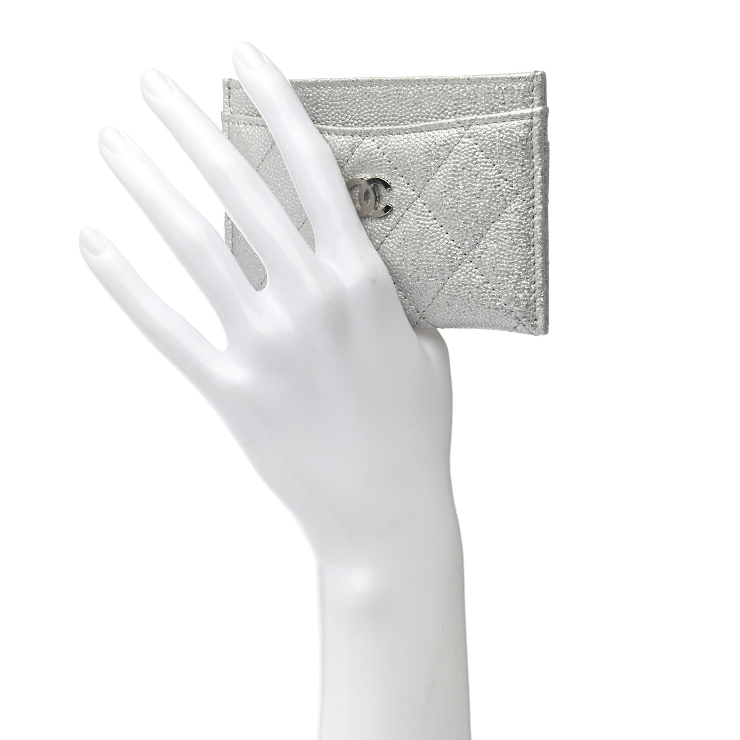 Glittered Metallic Caviar Quilted Card Holder Silver