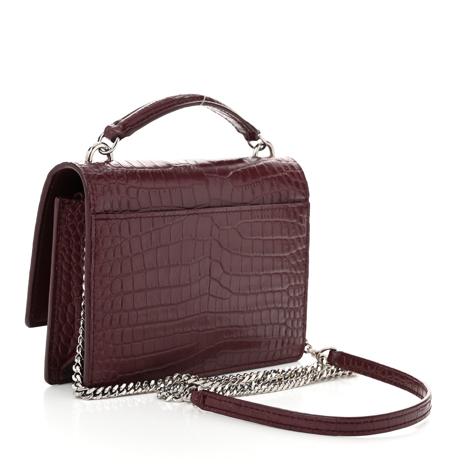 Saint Laurent Calfskin Crocodile Embossed Monogram Sunset Top Handle Chain Wallet Rouge Legion 3 of 9