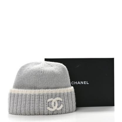 Chanel Wool Cashmere Silk CC Beanie Hat Light Grey White 3 of 7
