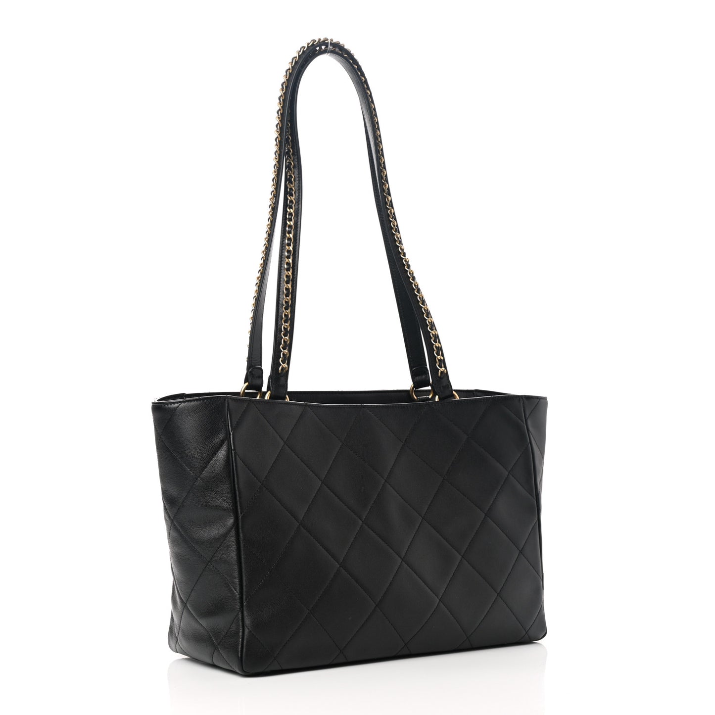 Calfskin Quilted Chain Shopping Tote Black