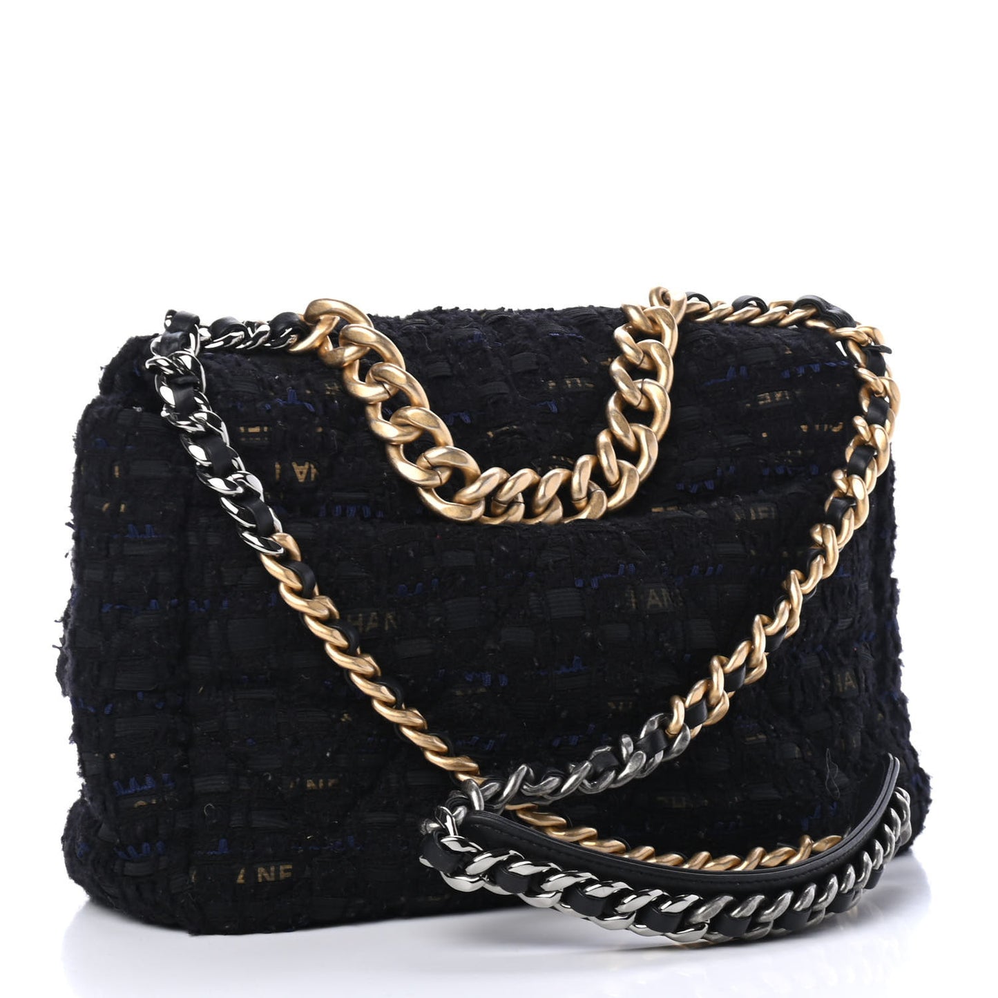 Tweed Quilted Large Chanel 19 Flap Black Navy Gold