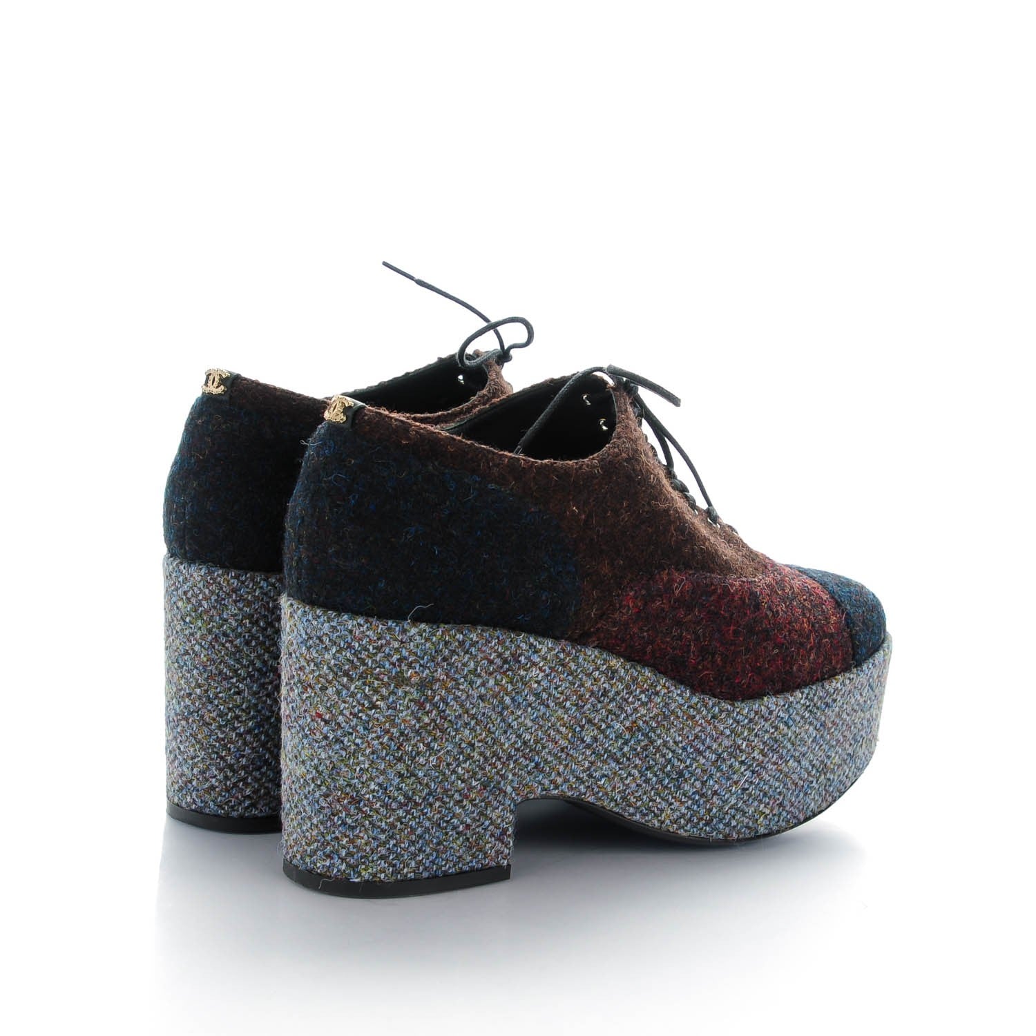 Chanel Tweed Platform Lace Ups 40.5 Burgundy Navy Gray 4 of 7