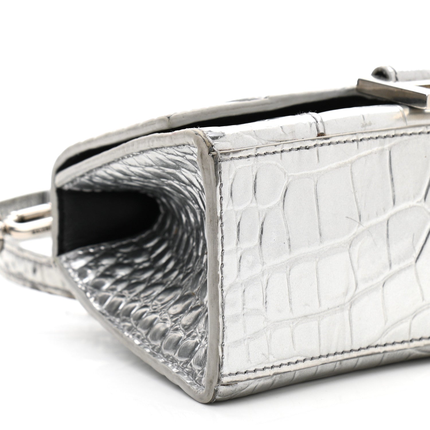 Balenciaga Metallic Calfskin Crocodile Embossed Hourglass Top Handle Bag XS Silver 10 of 13