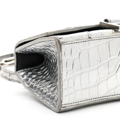 Balenciaga Metallic Calfskin Crocodile Embossed Hourglass Top Handle Bag XS Silver 10 of 13