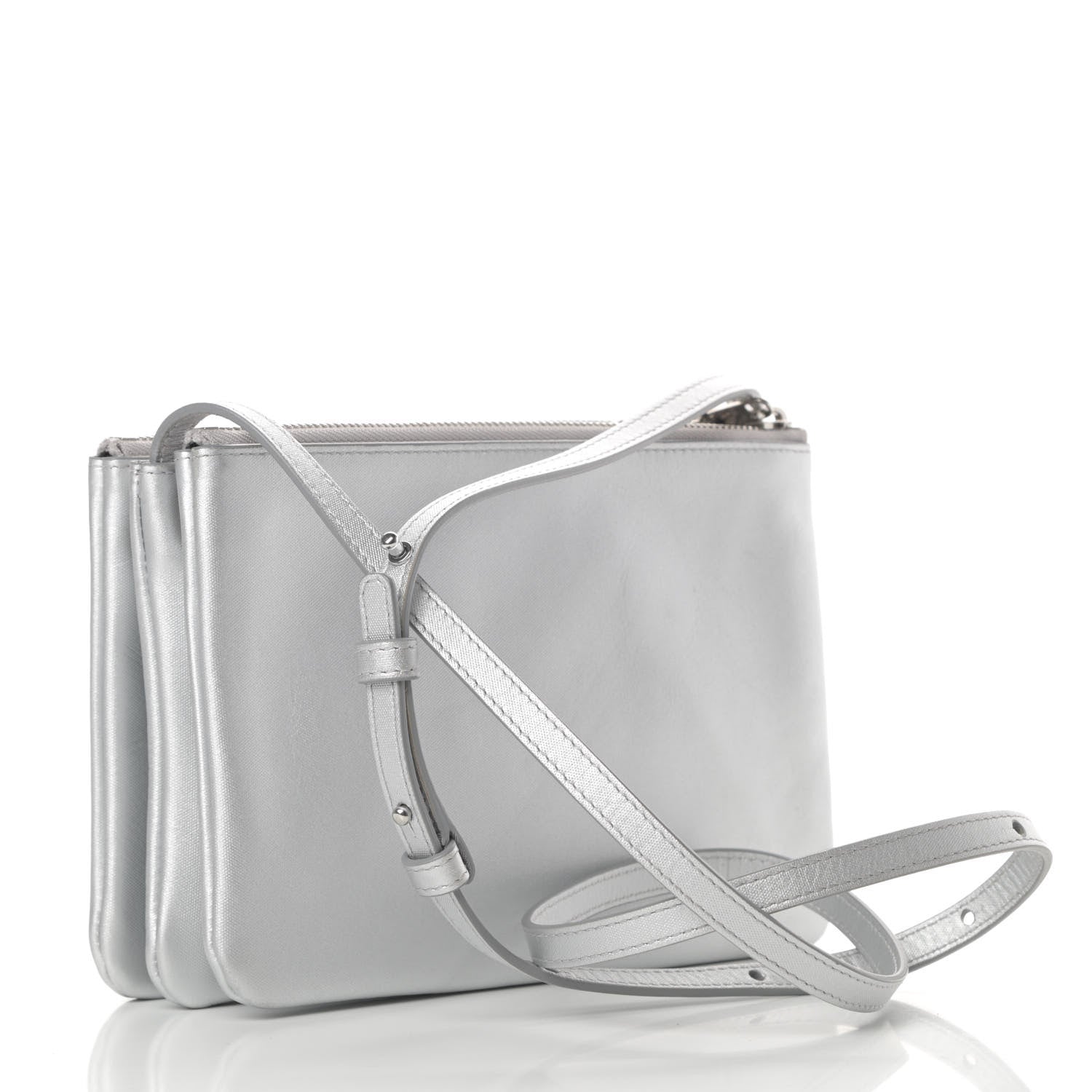 CELINE セリーヌ　トリオ　シルバー Celine Silver Metallic Laminated Leather Small Trio Crossbody Bag