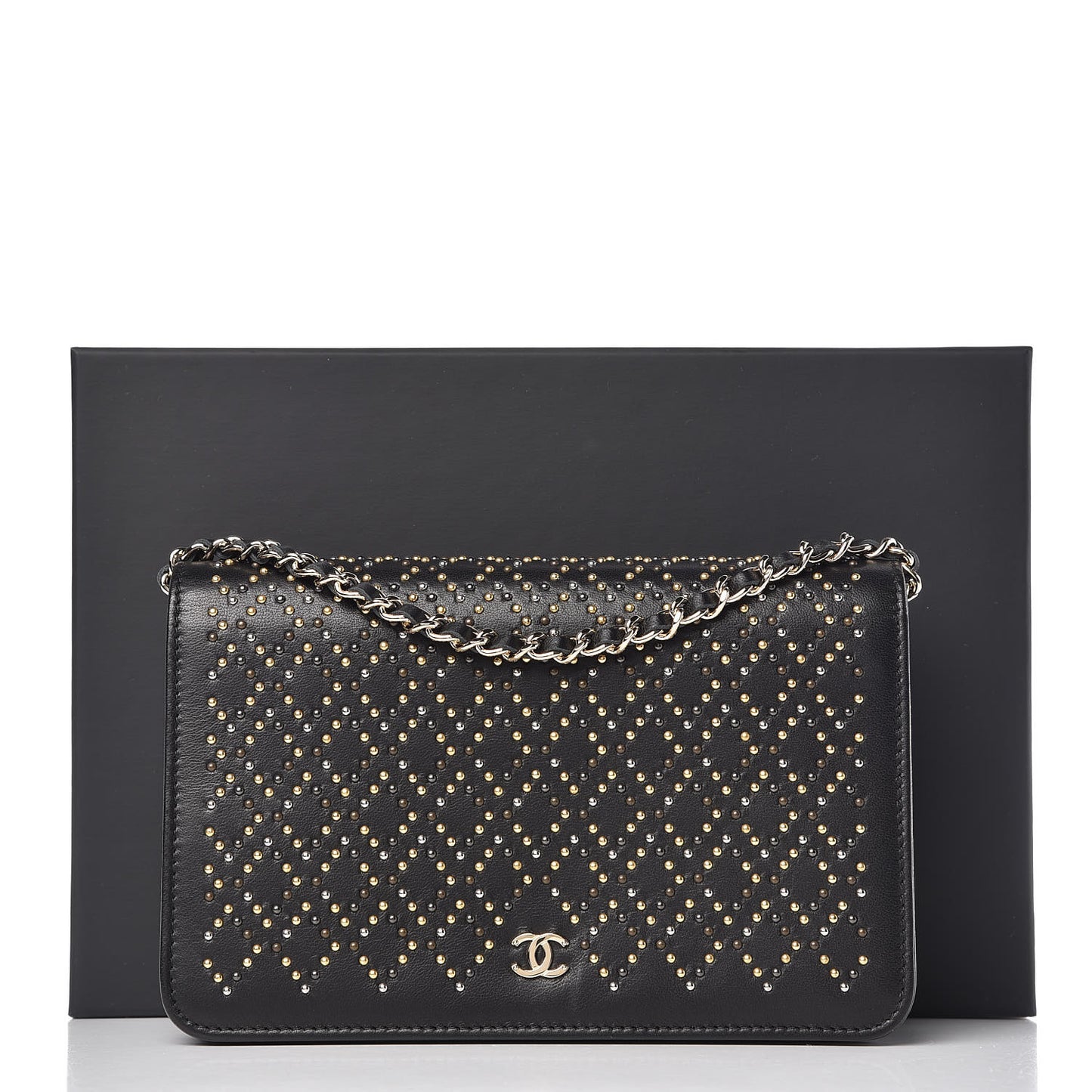 Lambskin Studded Wallet On Chain WOC Black