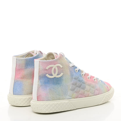 Chanel Printed Fabric Quilted High Top Sneakers 41 Green Pink Blue White 4 of 10