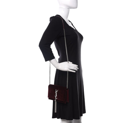 Saint Laurent Velvet Crystal Monogram Kate Tassel Shoulder Bag Burgundy 3 of 9
