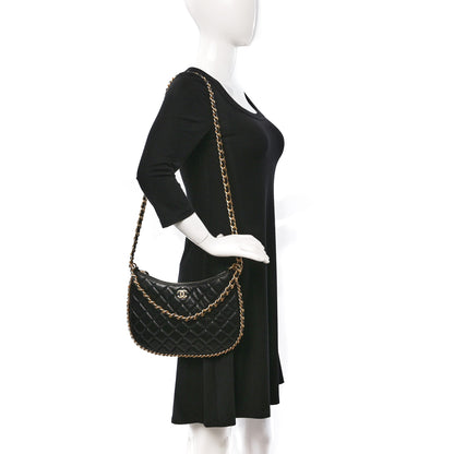 Chanel Shiny Crumpled Lambskin Quilted Large Trendy Chain Around Hobo Black 2 of 9