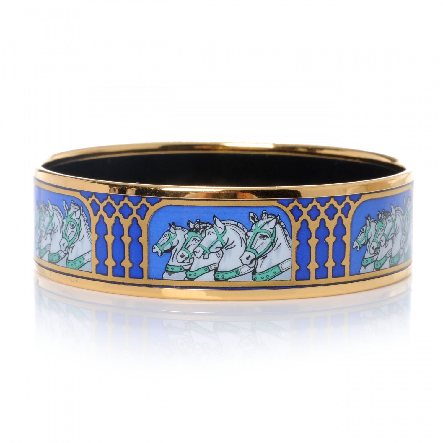Hermes Enamel Printed Horses Wide Bracelet 65 Bleu 3 of 8
