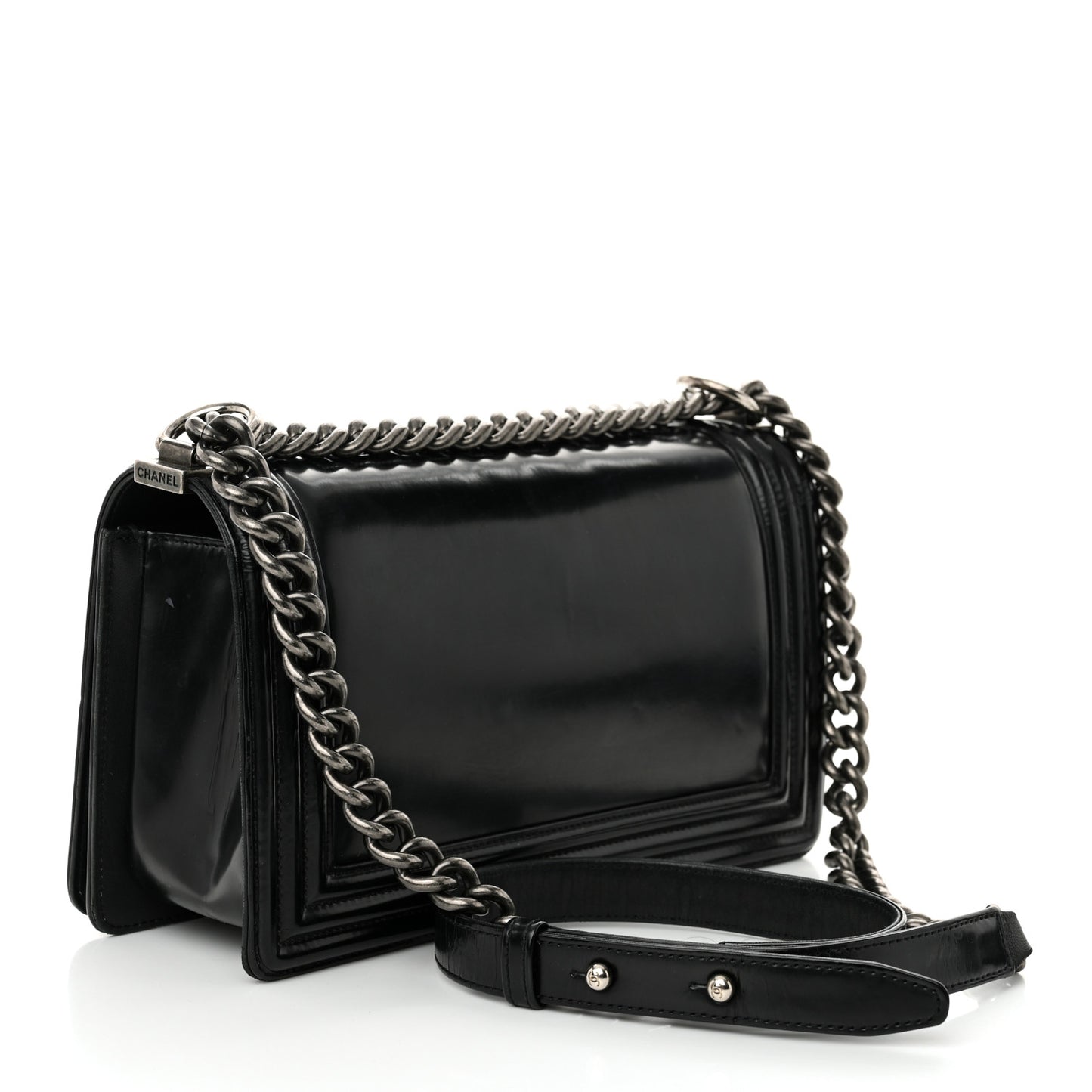 Glazed Calfskin Medium Boy Flap Black