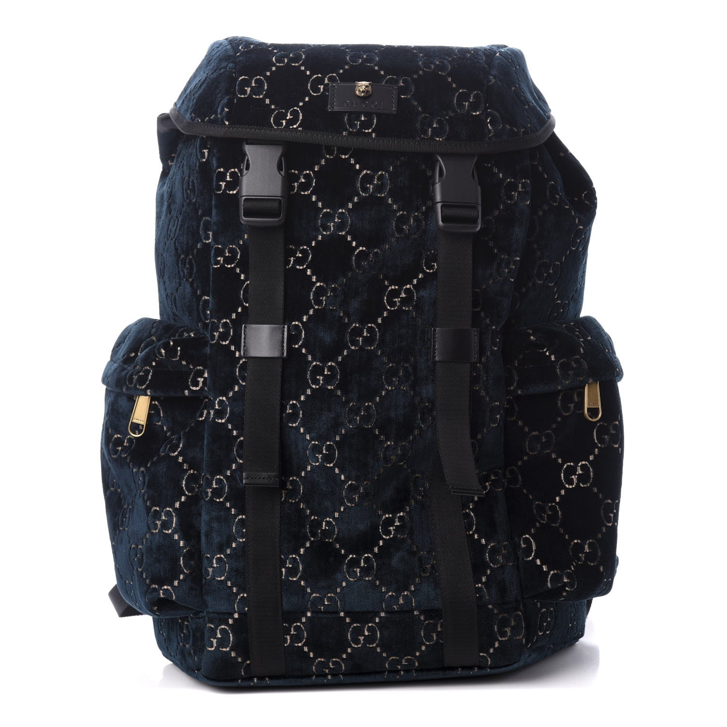Gucci Velvet GG Monogram Web Medium Double Buckle Backpack Blue Beige Black 1 of 7